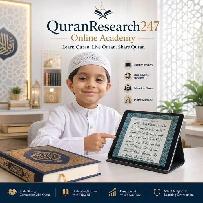 Young Muslim student learning Quran online with tablet at QuranResarch247 — qualified teachers, interactive classes